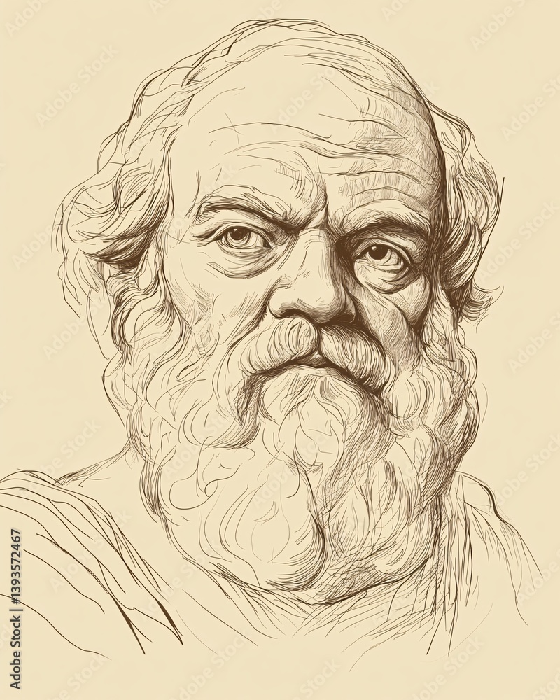 Elegant Minimalist Illustration of Socrates Featuring His Distinct Beard and Depth Elegant Minimalist Illustration of Socrates Featuring His Distinct Beard and Depth
