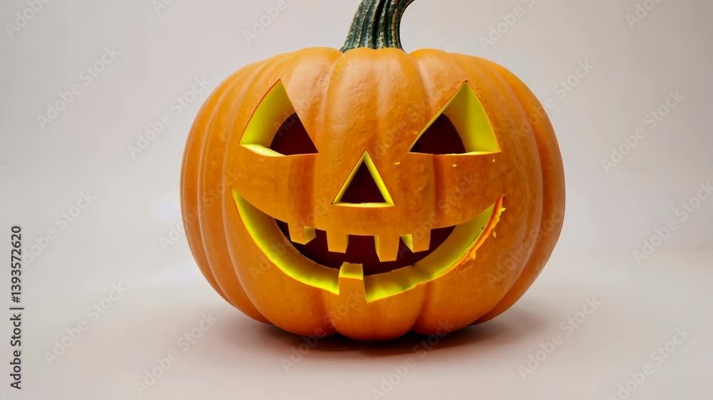Brightly carved pumpkin with a cheerful face displayed against a light background, capturing the spirit of Halloween festivities and autumn traditions Brightly carved pumpkin with a cheerful face displayed against a light background, capturing the spirit of Halloween festivities and autumn traditions