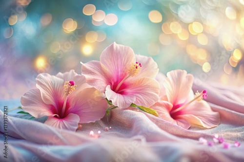 Delicate Hibiscus Blossoms on Flowing Fabric A Dreamy Pastel Floral Photography Displaying Soft Bokeh