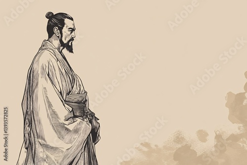 Sun Tzu Portrayed as a Minimalist Figure with Simple Lines and Robes