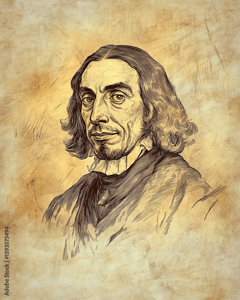 Fototapeta premium Artful Sketch of Rationalist Philosopher Baruch Spinoza Against Simple Backdrop