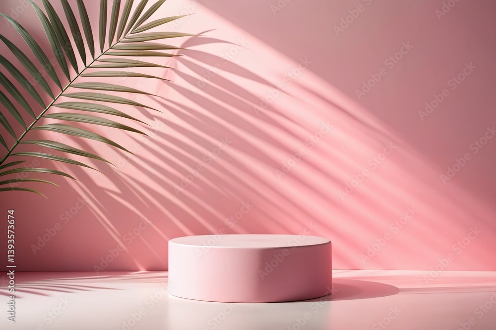 Elegant Pink Pedestal Display with Tropical Palm Leaf Shadow A Modern Versatile Product Photography Backdrop for