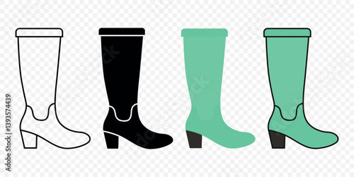 Women s High Heel Boots Icon Set. Outline, Silhouette, Flat and Colored Style Fashion Shoes Collection for Autumn and Winter, Stylish Female Footwear Design. Vector Illustration