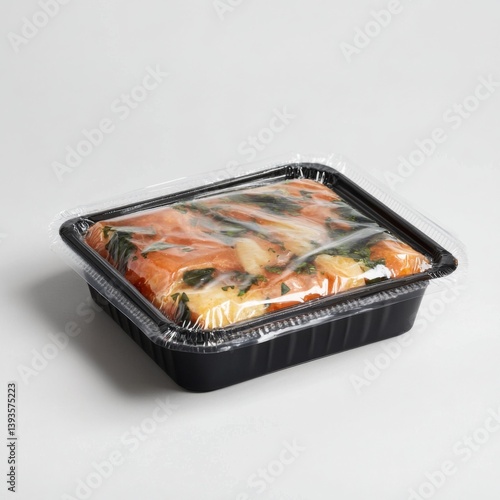 Freshly packed spinach and tomato lasagna in plastic tray for convenient meal preparation