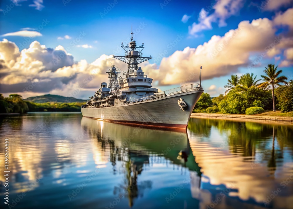 Obraz premium Historic US Navy Battleship at Pearl Harbor A Powerful Symbol of Pacific Fleet History and the Valor of