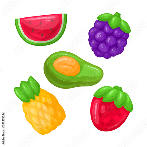 Cartoon fruity gummy. Chewy jelly candies, delicious sweets with various flavors flat vector illustration set. Jelly sweets on white