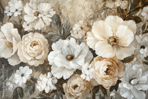 Fototapeta Naklejka Na Ścianę i Meble -  A beautiful artistic painting showcasing white flowers of various kinds