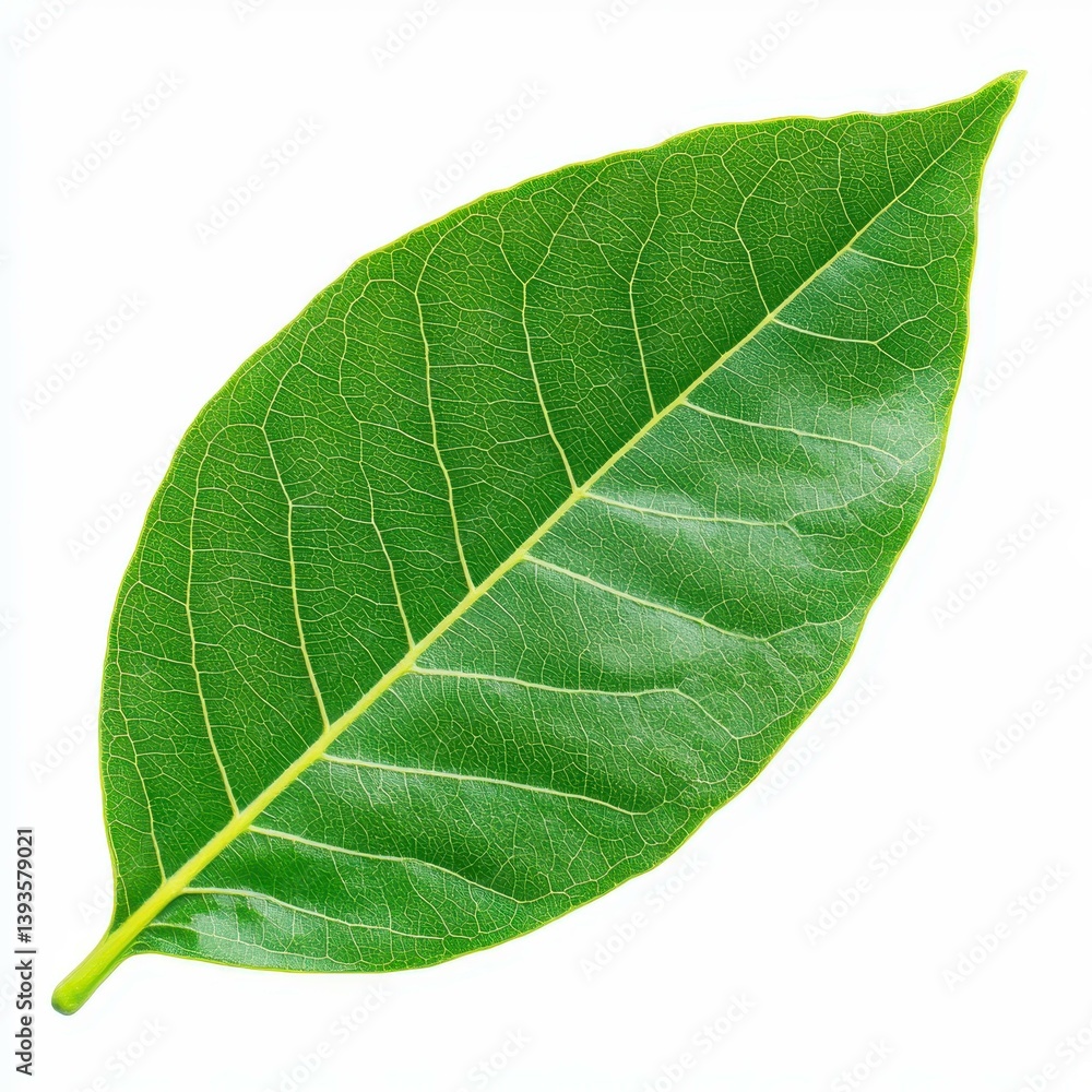 Obraz premium A large green leaf stands out against a clean white background, emphasizing natures beauty and simplicity.