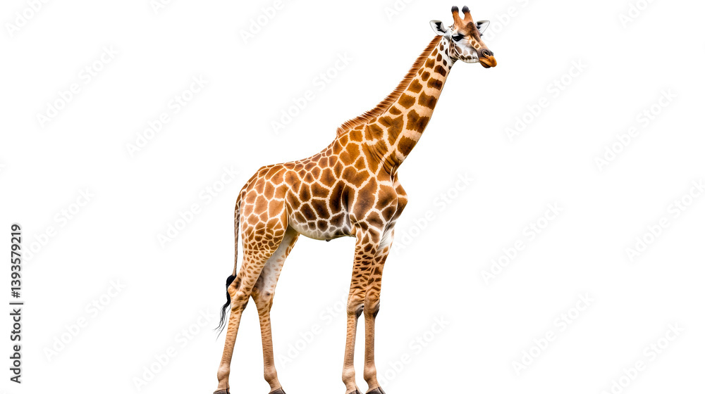 Naklejka premium Majestic giraffe, posing regally with patterned coat, cut out transparent