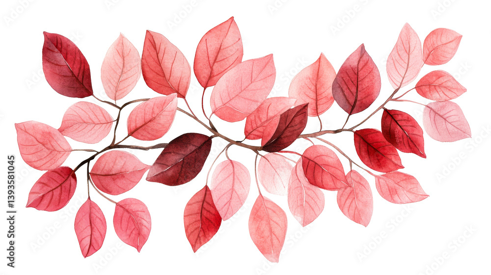 Fototapeta premium Watercolor Red Leaves on Branch Illustration, cut out transparent
