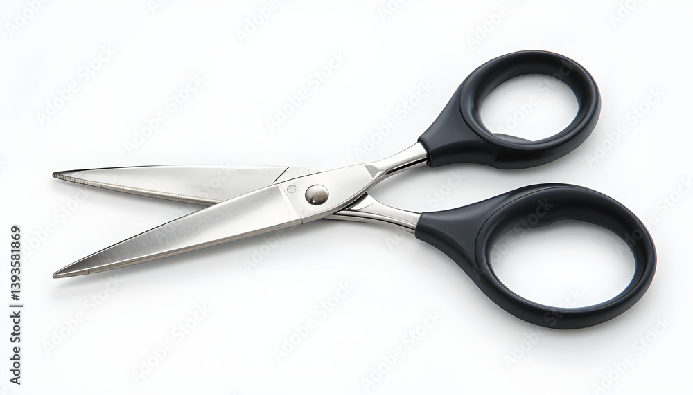 Open scissors with black handles and silver blades on white surface Open scissors with black handles and silver blades on white surface