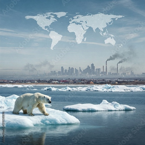 polar bear on ice, global warming, world map, challenges
