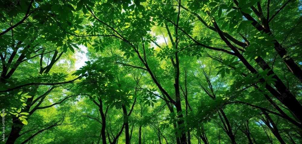 Emerald green leaves canopy in sun-dappled forest, texture, picture, outdoor Emerald green leaves canopy in sun-dappled forest, texture, picture, outdoor