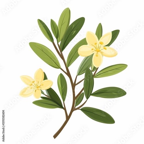 Vibrant Yellow Floral Illustration: Beautiful Botanical Nature Design with Green Leaves