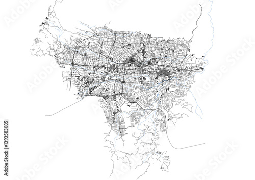 vector map of buildings, highway, waterway in san salvador el salvador city with black and white color