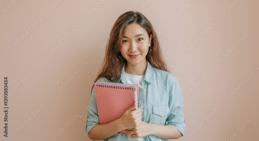 Fototapeta premium Smiling asian female teen holding notebook against pink background
