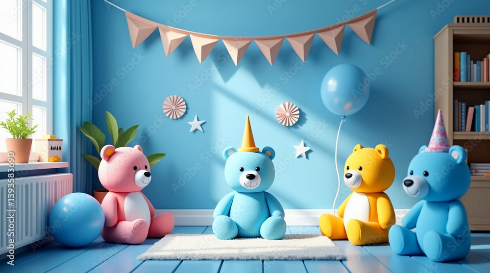 Children's party room with teddy bears and decorations in blue and pink tones. Concept of a cozy and joyful space for kids. Children's party room with teddy bears and decorations in blue and pink tones. Concept of a cozy and joyful space for kids.
