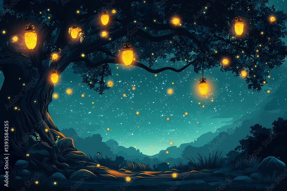 Glowing Lanterns Under Starry Night: Enchanting Tree at Tranquil Nature Path Glowing Lanterns Under Starry Night: Enchanting Tree at Tranquil Nature Path