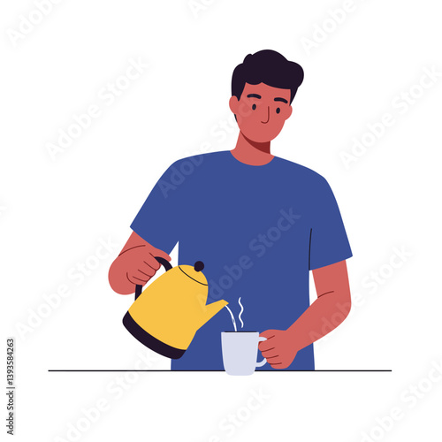 Person pouring hot beverage from kettle into cup in flat vector art