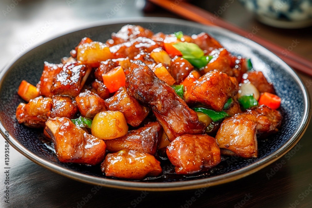 Delicious pork pieces stir-fried with vibrant bell peppers, onions, and other vegetables, creating a mouthwatering dish served in an elegant black bowl on a wooden table Delicious pork pieces stir-fried with vibrant bell peppers, onions, and other vegetables, creating a mouthwatering dish served in an elegant black bowl on a wooden table
