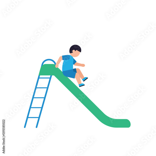 Child sliding down a green slide in flat design vector art