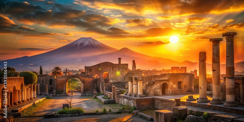 Stunning Sunset over Pompeii Ruins and Vesuvius Volcano A Dramatic Italian Landscape Capture