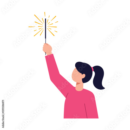 Girl holding a sparkler in a flat and colorful vector art style
