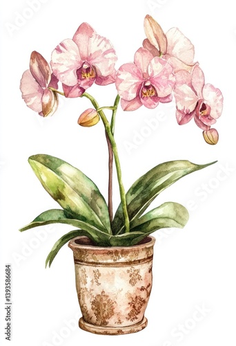 An artistic watercolor painting showcasing a potted orchid flower arrangement
