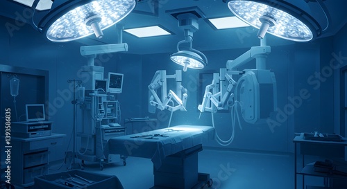 High-tech surgical suite with robotic arms