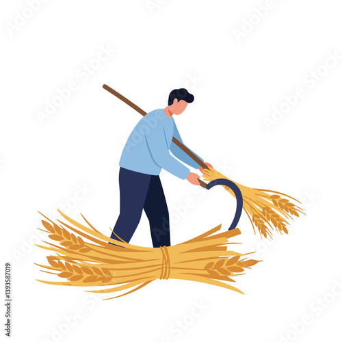 Farmer cutting wheat with sickle in flat design vector art