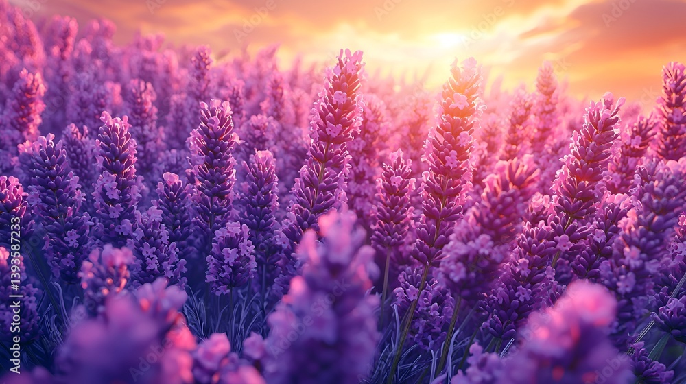 Fototapeta premium Vibrant lavender field at sunset. (1)