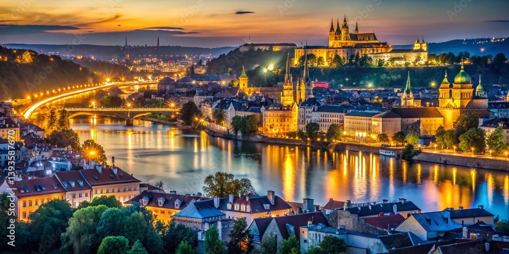 Fototapeta premium Pragues Enchanting Nighttime Skyline A Long Exposure Panorama from a City Viewpoint