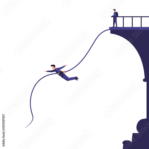 Person jumping from cliff to safety with rope in flat vector illustration