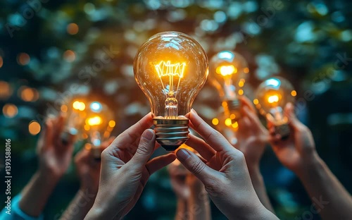 Hands holding illuminated light bulbs, symbolizing creativity, innovation, teamwork, and shared ideas in a collaborative environment.