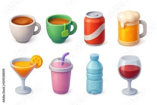 Vibrant 3d drink icons set: coffee, tea, soda, beer, cocktail, smoothie, water, wine