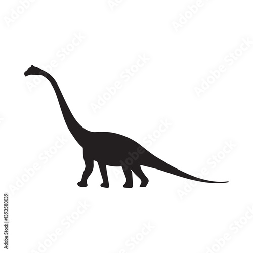 A majestic long-necked dinosaur gracefully strides across a prehistoric landscape, a powerful silhouette against a clean white background.