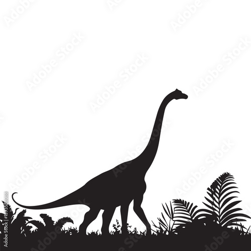A majestic long-necked dinosaur gracefully strides through prehistoric ferns and foliage, a stark black silhouette against a bright white sky.