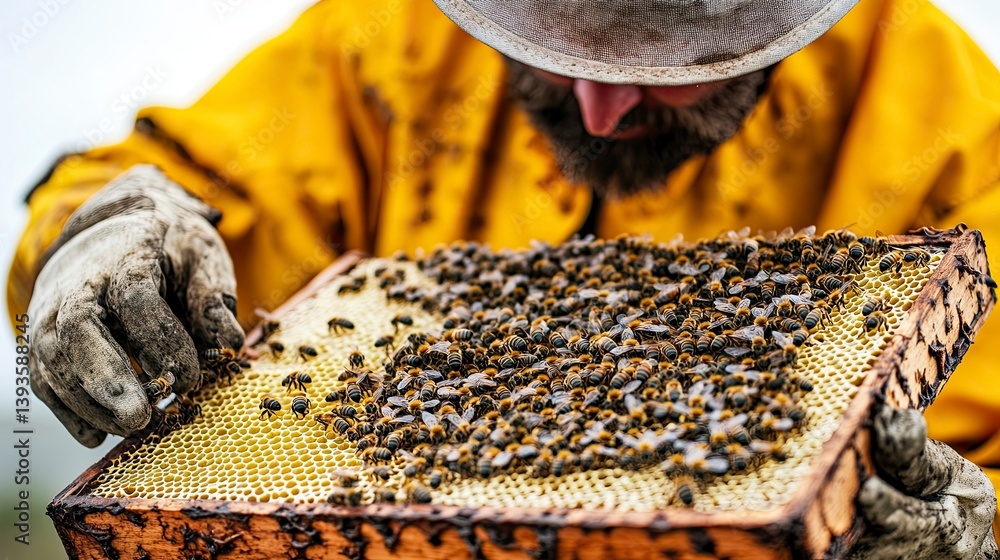 Beekeeper inspecting honeycomb frame covered in bees, nature background Beekeeper inspecting honeycomb frame covered in bees, nature background
