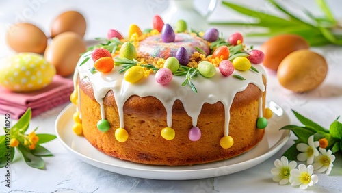 Easter Cake with Icing and Decorated Eggs
