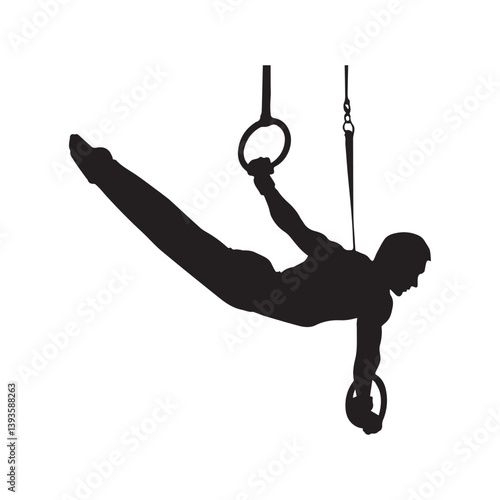 A powerful gymnast gracefully executing a challenging rings routine, showcasing strength and balance in a striking black silhouette.