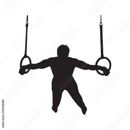 A powerful gymnast gracefully suspended between rings, showcasing strength and balance in a stark black silhouette against a plain white background.