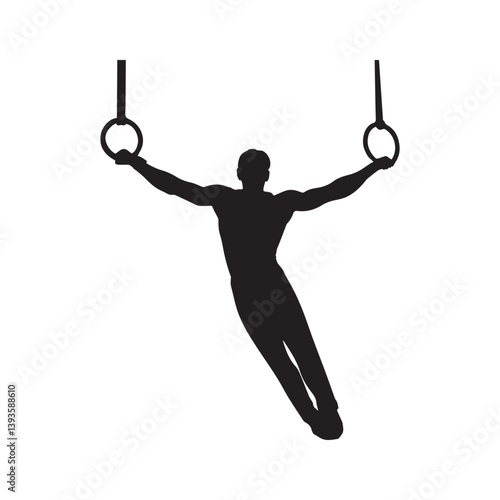 A powerful gymnast gracefully soaring through the air on the rings, a stark black silhouette against a pure white background.