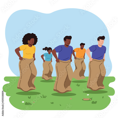 Group of people participating in sack race competition in minimal vector art