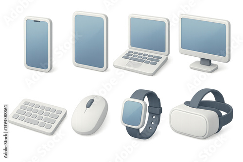 Modern tech device icons set - 3d style featuring smartphones, tablets, laptops, and more
