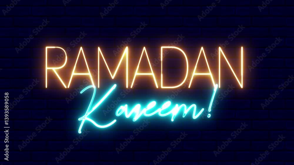 Ramadan Kareem text font with light. Luminous and shimmering haze inside the letters of the text Ramadan Kareem. Ramadan Kareem neon sign. Ramadan Kareem text font with light. Luminous and shimmering haze inside the letters of the text Ramadan Kareem. Ramadan Kareem neon sign.