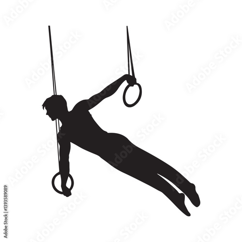 A gymnast's powerful silhouette gracefully stretches across the rings, showcasing strength and balance in a stark black and white image.