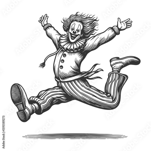 clown in mid-jump, wearing a classic costume with ruffles, buttons, and exaggerated shoes sketch engraving generative ai vector illustration. Scratch board imitation. Black and white image.