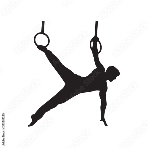 A powerful gymnast gracefully suspends between rings, showcasing strength and balance in a bold, black silhouette.