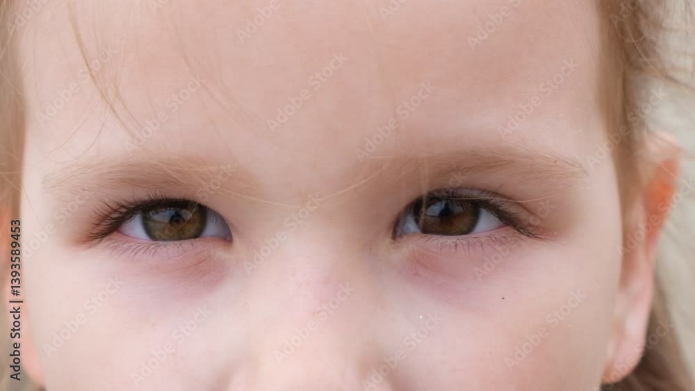 Extreme close up of surprised child opens eyes wide and stares at the camera, intense look, raised eyebrows, unexpected Extreme close up of surprised child opens eyes wide and stares at the camera, intense look, raised eyebrows, unexpected