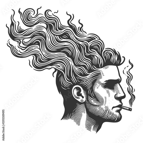 man with smoke emerging from his head, symbolizing thoughts and imagination sketch engraving generative ai fictional character vector illustration. Scratch board imitation. Black and white image.
